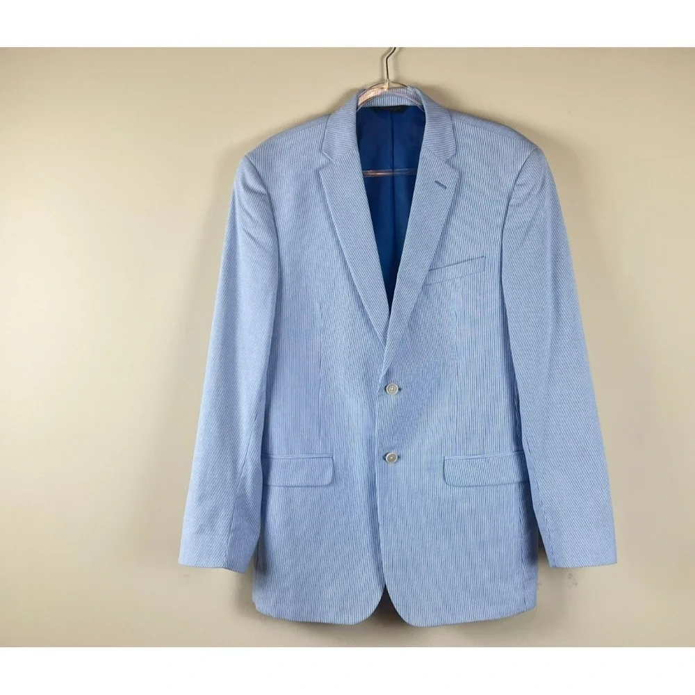 Joseph Jos A Bank Blue White Stripe Cotton Suit 42L Slim Fit Preppy Derby